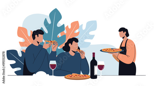 Friendly waiter serving a fresh pizza to a young couple enjoying their dinner with wine at a stylish restaurant.