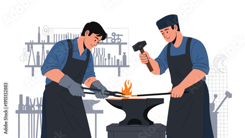 Skilled blacksmiths wearing aprons and working together at a forge to shape glowing hot metal on a traditional anvil.