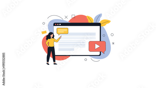 Young professional woman giving a presentation on a large digital screen with video content and educational text boxes.