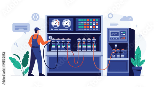 Industrial technician in blue overalls monitoring a complex battery charging and diagnostic station in a modern facility.