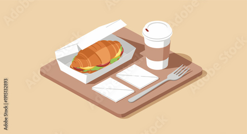 Isometric flat lay of a croissant sandwich in a box, coffee cup, napkins and fork. Illustration for catering, takeaway, healthy eating concepts.