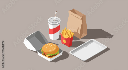 Stylized cartoon illustration of a fast food meal including a burger, fries, drink, and tray. Perfect for use in websites, social media, or marketing materials.