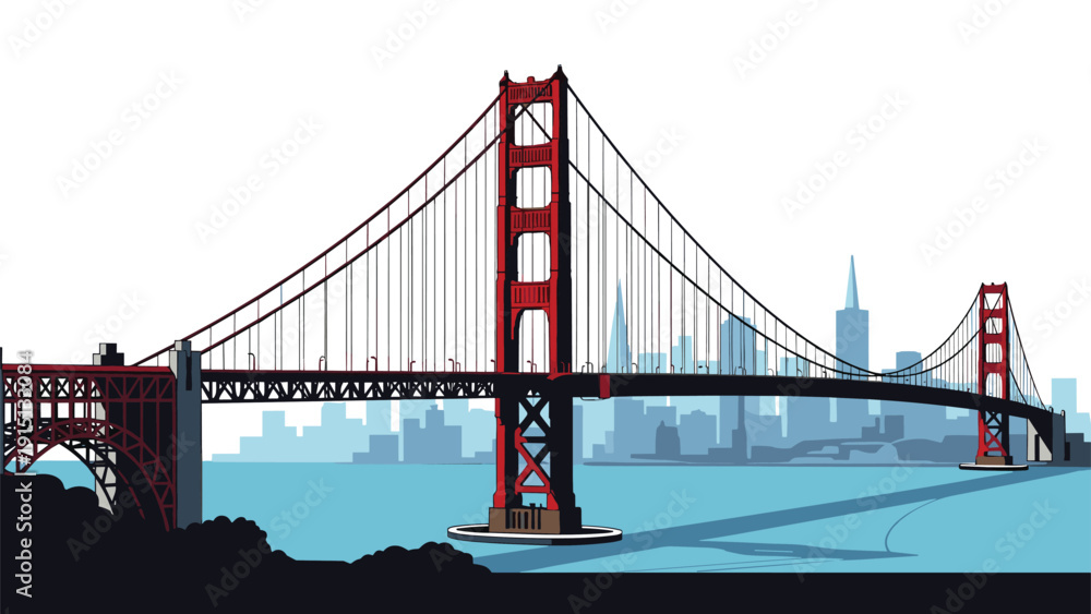 Fototapeta premium Iconic red suspension bridge stands majestically over blue water with modern city skyline in the background.