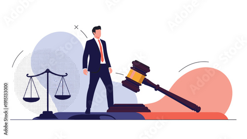 Justice system concept featuring professional lawyer standing next to large wooden gavel and scales of justice on blue background.