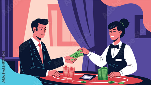 Smiling businessman exchanges money for gambling chips with casino dealer at table in luxury gaming establishment.