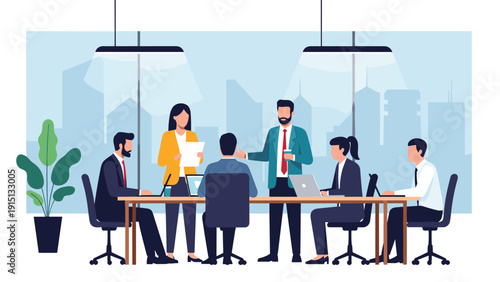 Corporate team holds productive business meeting in modern glass office overlooking city skyline with laptops and coffee.