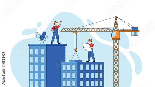 Construction workers and architects collaborate on building site with large crane to develop urban high-rise apartments.