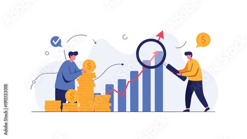 Financial analysts track business growth and market trends using magnifying glass on bar charts with stacks of gold coins.