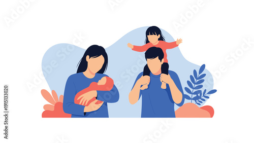 Young parents joyfully care for their newborn baby and toddler daughter while bonding as happy family in cozy home.