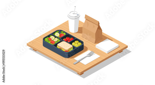 Vector illustration of a bento box lunchbox with sandwich, salad, fruit, paper bag lunch, drink. For use in health, school, office, and food-related content.