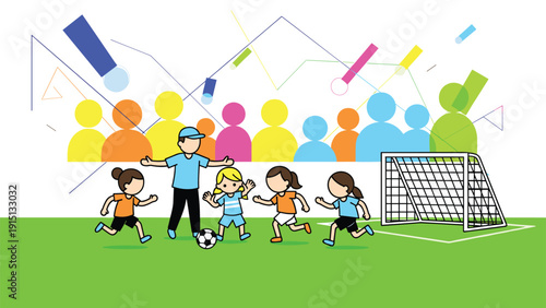 Young girls play soccer in local park under supervision of coach with cheering crowd of fans in the background.