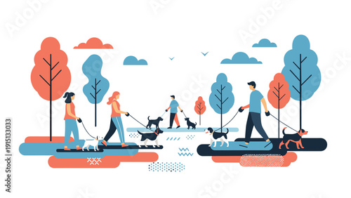 Community members enjoy walking their diverse breeds of dogs in beautiful local park with colorful autumn trees.