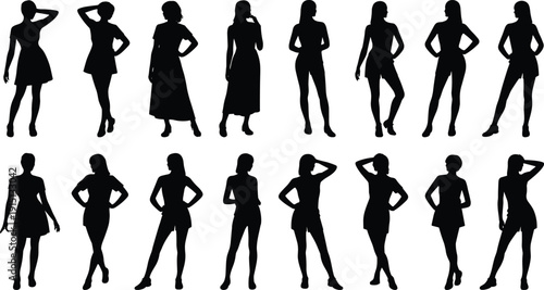 Women silhouette pose collection, female standing full body figures, fashion model characters, stylish outline vector illustration set pack