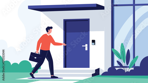 Professional businessman uses smart lock technology on front door of modern house to enter home safely after work.