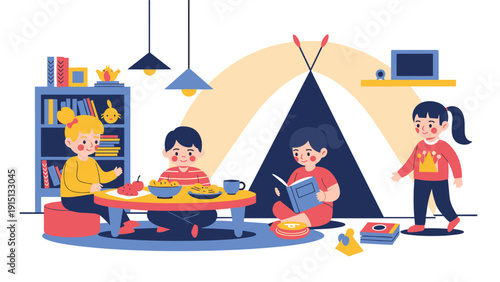 Group of creative children plays together in indoor playroom with tent books snacks and toys for imaginative fun.