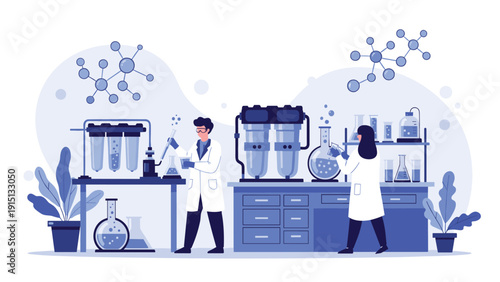 Scientists conduct advanced chemical research in modern laboratory using glassware filters and molecular models.