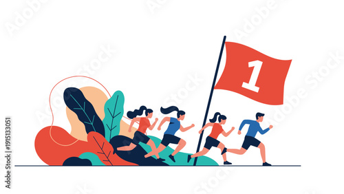 Competitive athletes run towards finish line marked by number one flag in track and field race during sports event.