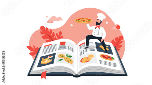 Creative chef presents delicious pizza and other recipes in giant cookbook for culinary inspiration and meal planning.