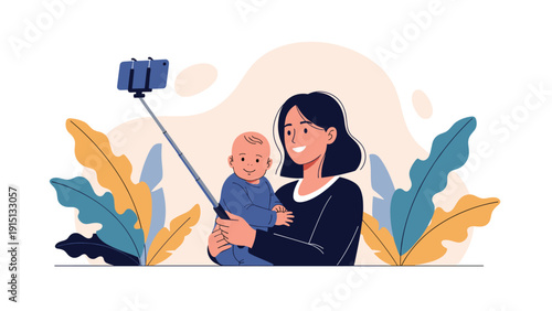 Loving mother takes a selfie with her adorable baby using a selfie stick while bonding in a warm bright setting.