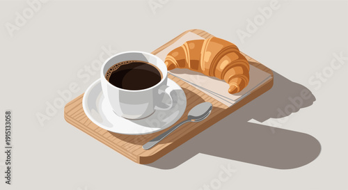 Clean illustration of a cup of coffee and croissant on a tray. Ideal for food blogs, restaurant websites, cafe promotions, or breakfast related designs.