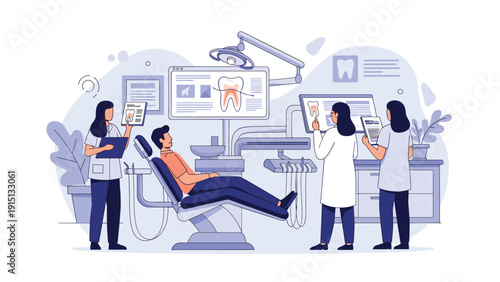 Team of dental professionals provides comprehensive care to patient in modern clinic with advanced diagnostic tools.