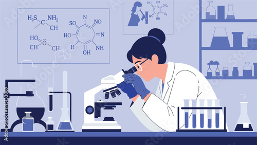 Female scientist conducts biological research using microscope in modern laboratory with chemical formulas on wall.