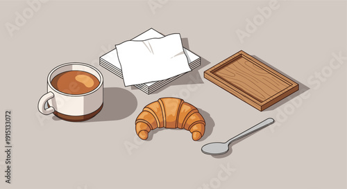 Illustration featuring coffee, croissant, napkins, a wooden board, and a spoon. Perfect for themes of breakfast, cafes, morning routines, and minimalist designs.