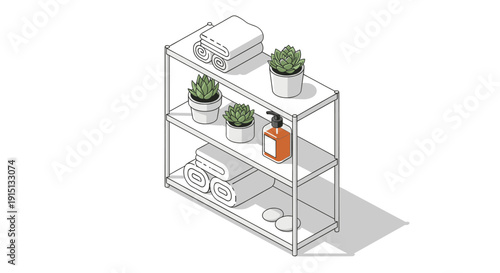 An isometric line drawing of a bathroom shelf featuring neatly folded white towels, green succulent plants, and a bottle of orange soap. Clean and minimalist.