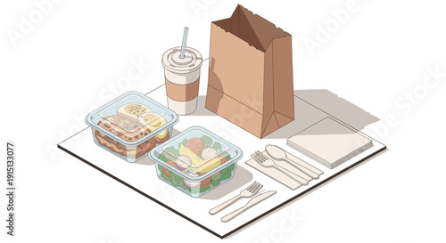 An illustrated image of takeout food. Two salads, a cup with a straw, a brown paper bag and utensils. Food business concept, healthy eating.