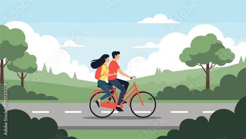 Young romantic couple enjoys cycling together on quiet paved road through lush green countryside landscape.
