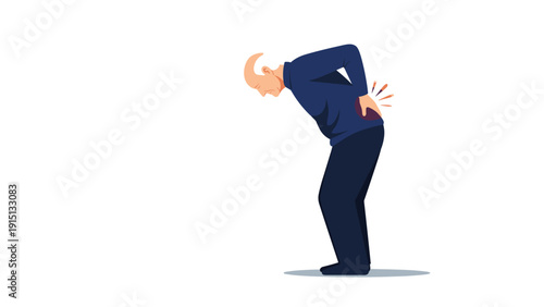 Elderly man suffers from chronic back pain or injury while standing against clean white background for medical concept.