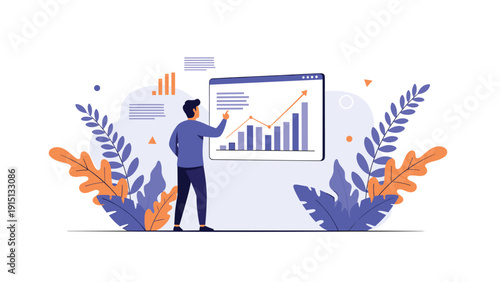Data analyst tracks business performance and market trends on digital dashboard with colorful leaves for decoration.