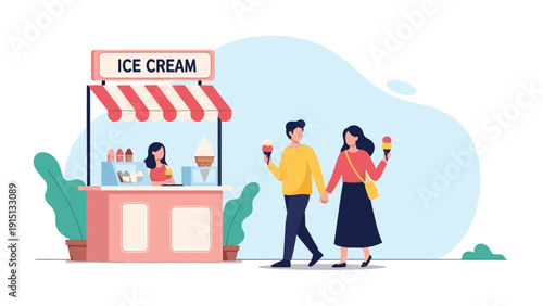 Happy young couple walks past colorful ice cream stand while holding hands and enjoying treats on sunny day.