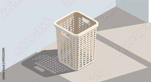 Clean, simple vector illustration of a beige plastic laundry basket in a room corner.  Minimalist style, ideal for laundry services, organizing, or chore-related imagery.