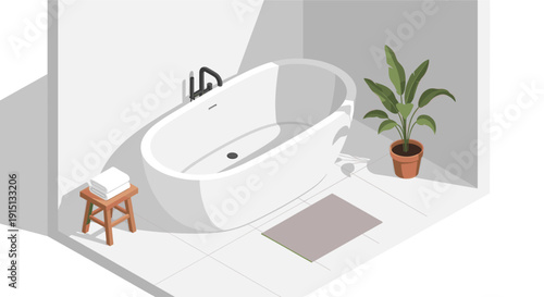 Modern minimalist bathroom illustration. Isometric view, showing white bathtub, stool with towels, plant, and rug. Serene and clean, ideal for architecture, design, or lifestyle publications.