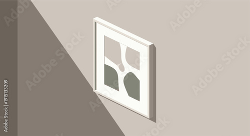 Modern, minimalist illustration of abstract art within a square white frame hanging on a neutral wall, casting a shadow. Perfect for design, home decor, or backgrounds.