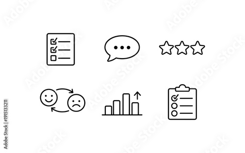 Collection of icons representing customer feedback, surveys, and business growth metrics