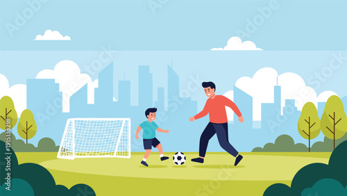 Father and his young son have fun playing soccer together on a green field with a city skyline behind them.
