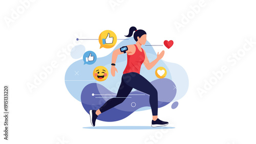 Young woman runs for exercise while various social media icons like likes and red hearts float around her.