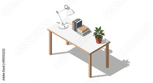Clean isometric illustration of a white desk with a lamp, books, and a potted plant. Suitable for graphic design, web design, presentations, and creative projects.
