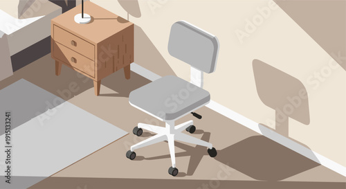 A clean illustration of an office chair, nightstand, and bed. Neutral tones and geometric shapes create a modern and calming atmosphere. Suitable for use in design or conceptual projects.