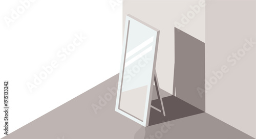 An illustration of a standing full length mirror in a corner. Neutral tones provide a calming mood. Perfect for interior design blogs, lifestyle articles, or wellness content.