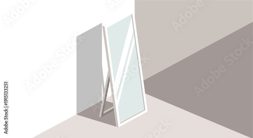 Minimalist vector illustration of a full length mirror in a room corner. Suitable for interior design, fashion, or lifestyle content.