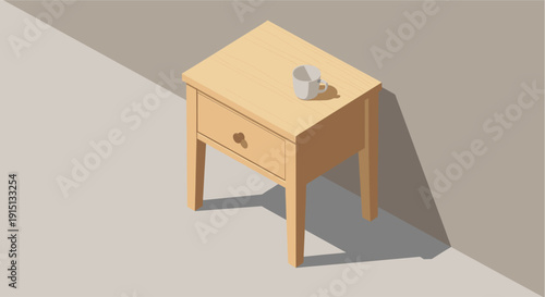 Minimalist isometric illustration of a wooden bedside table with a mug on top.  Ideal for illustrating home decor, bedroom scenes, or lifestyle concepts. Vector design.