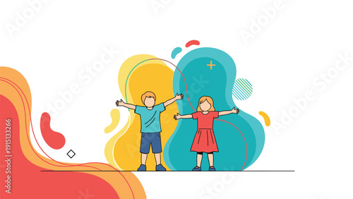 Two happy young children stand with their arms wide open against a colorful and artistic abstract background.