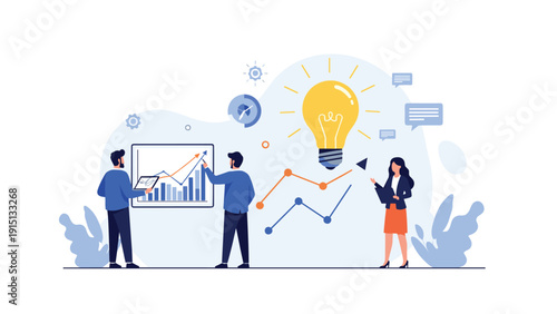 Team of creative analysts works on data visualization and brainstorms new ideas near a large lightbulb icon.