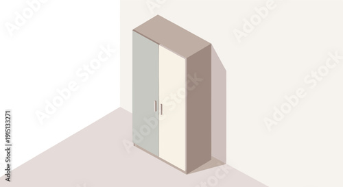 Isometric illustration of a wardrobe with doors in a room corner, great for interior design visualizations, website assets, or educational materials. Clean, modern, and minimalist style.