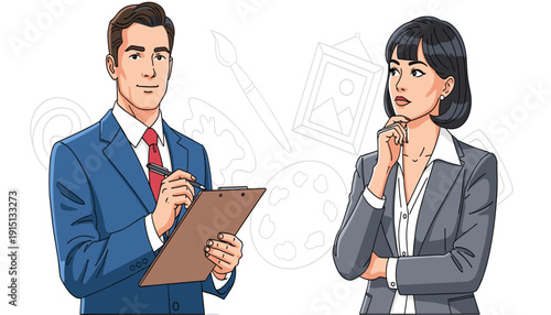 Business discussion illustration, professional teamwork communication concept, office meeting conversation between man and woman, corporate strategy planning, decision making process, leadership