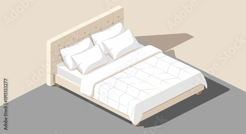 Isometric illustration of a bed with white linens and a padded headboard. Perfect for designs related to interior decorating, relaxation, or furnishing websites.