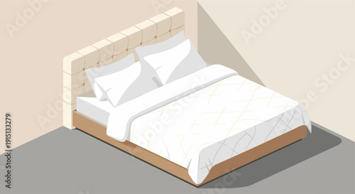 Isometric illustration of a double bed with white sheets and beige headboard. Perfect for interior design, furniture store, or hotel concepts, website design or app design.